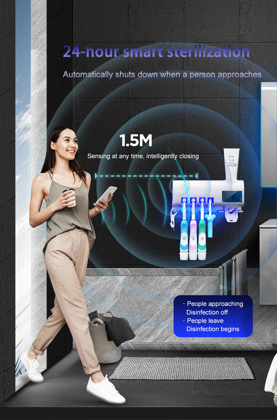מתקן מברשות שיניים בעל נורת אולטרה סגולה UV מחסלת 99.9% מהחיידקים!