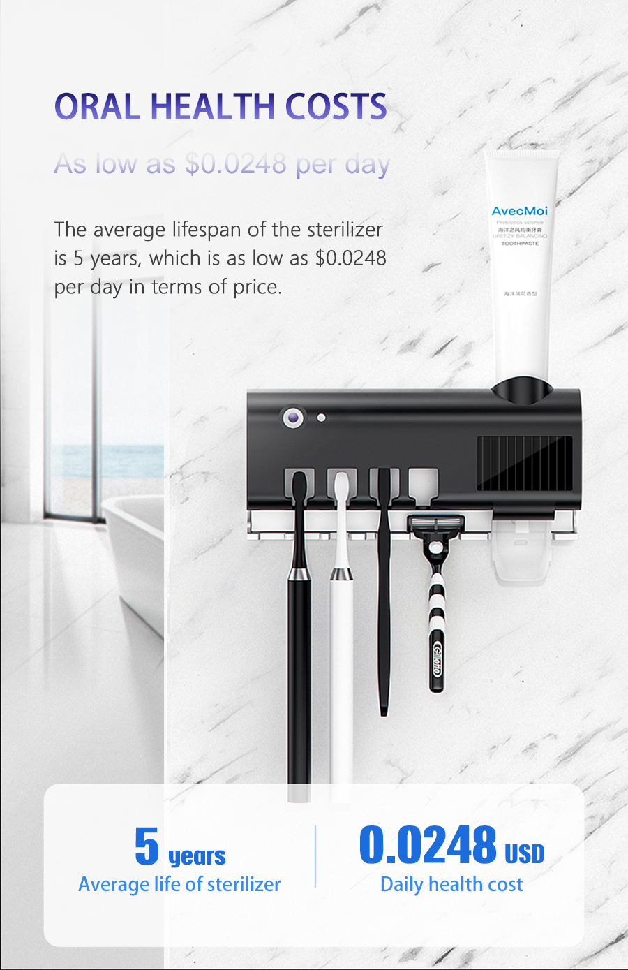 מתקן מברשות שיניים בעל נורת אולטרה סגולה UV מחסלת 99.9% מהחיידקים!