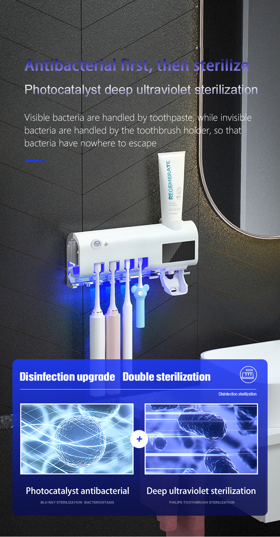 מתקן מברשות שיניים בעל נורת אולטרה סגולה UV מחסלת 99.9% מהחיידקים!