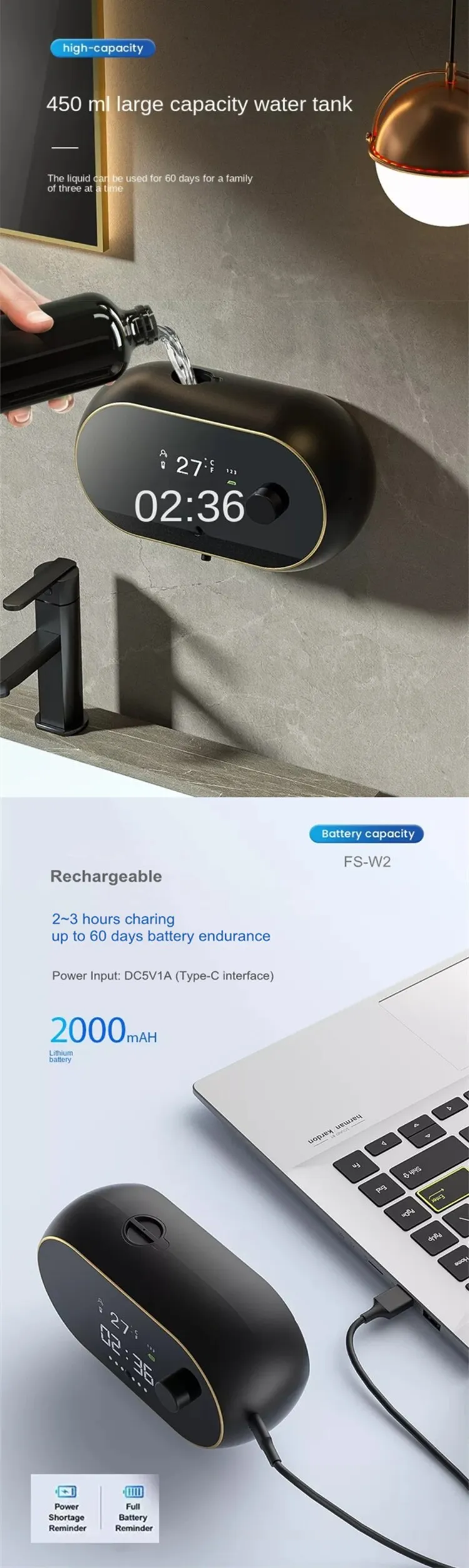 דיספנסר מקציף סבון נטען עם מד טמפרטורה