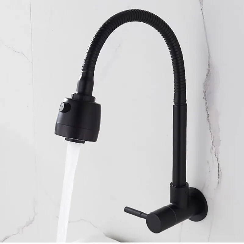 ברז קיר שחור למטבח עם צינור גמיש לשטיפה קלה ו2 מצבי לחץ מים