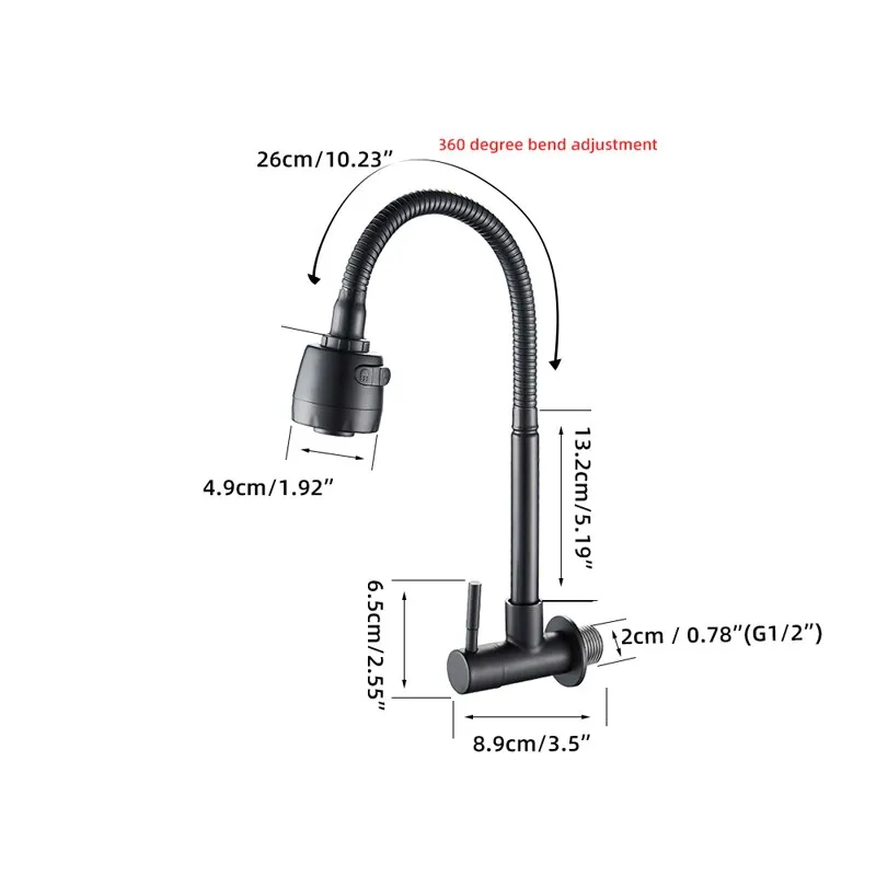 ברז קיר שחור למטבח עם צינור גמיש לשטיפה קלה ו2 מצבי לחץ מים
