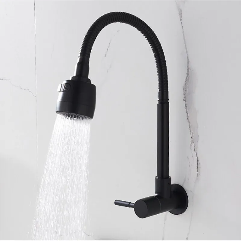 ברז קיר שחור למטבח עם צינור גמיש לשטיפה קלה ו2 מצבי לחץ מים