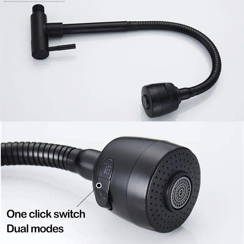 ברז קיר שחור למטבח עם צינור גמיש לשטיפה קלה ו2 מצבי לחץ מים