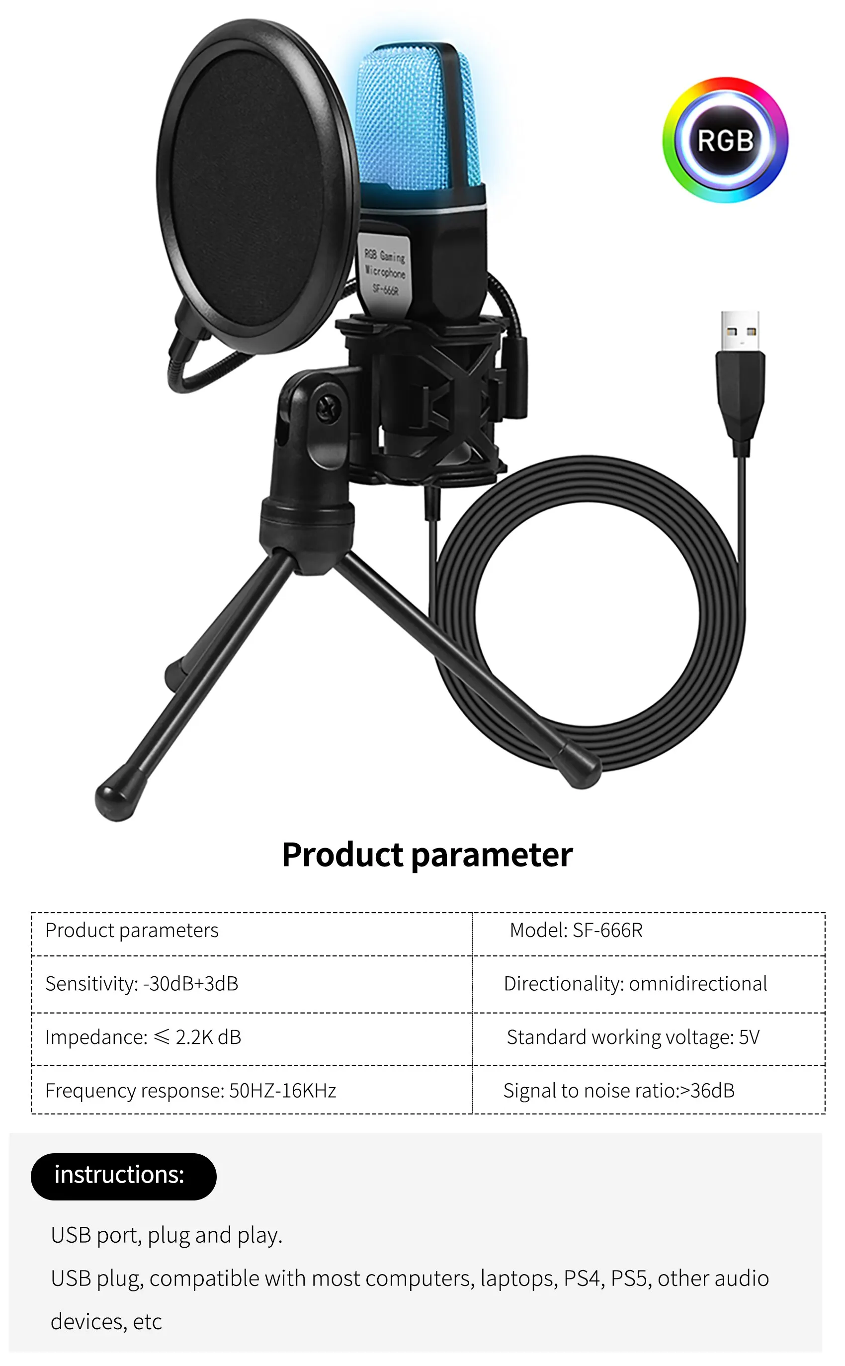 מיקרופון למחשב עם מעמד ואורות RGB