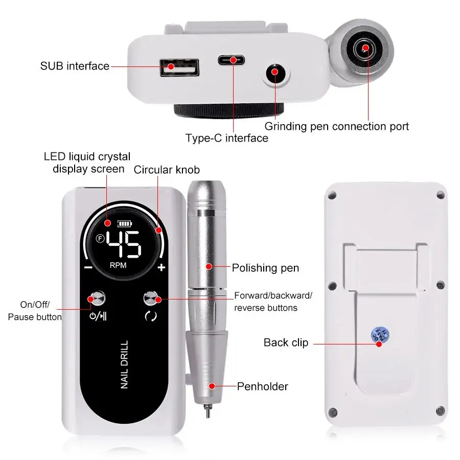 מכשיר שיוף ציפורניים מקצועי 45000RPM נטען ושקט – תמונה 5