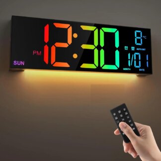 שעון קיר דיגיטלי LED 16.2 אינץ' עם שלט רחוק ו-8 צבעים