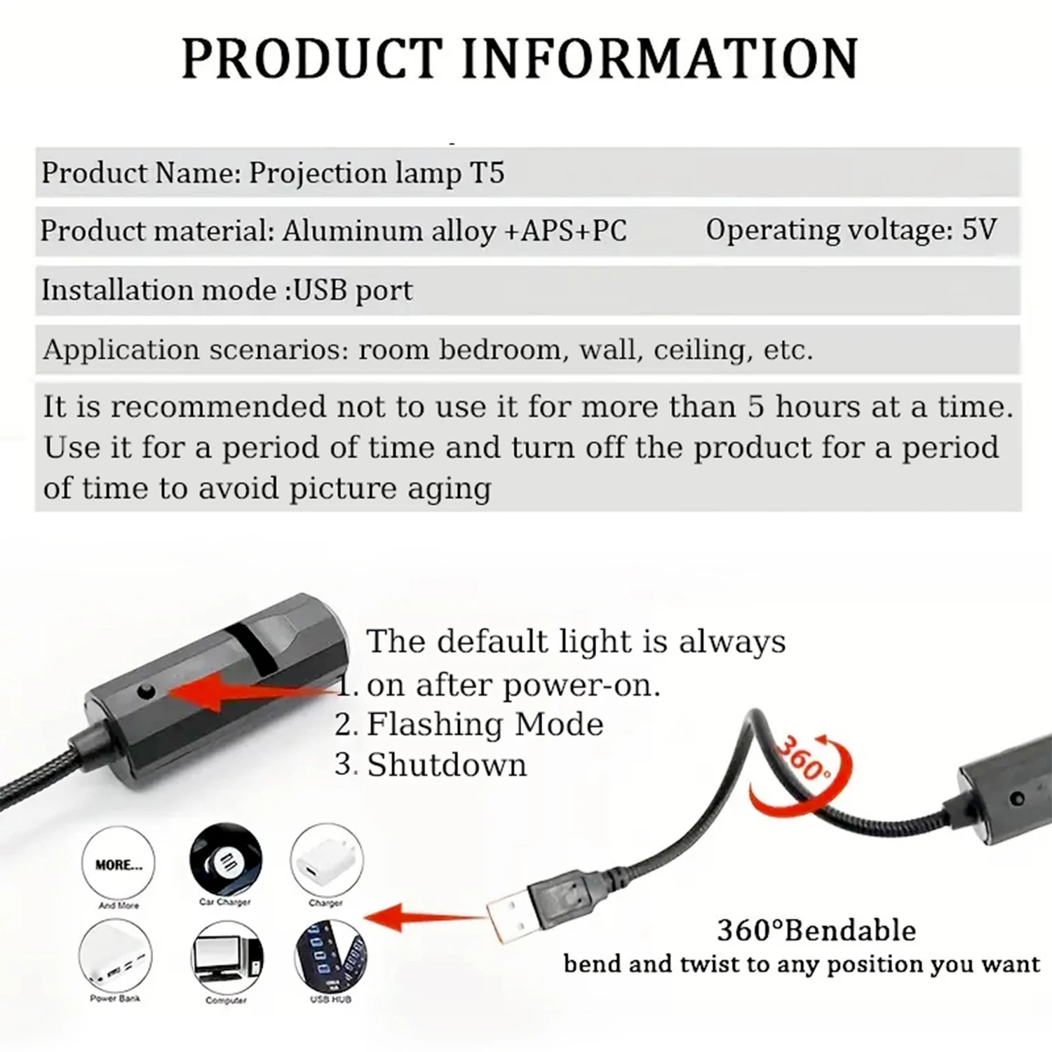 מקרין תאורה גולגולת לקיר ולתקרה עם חיבור USB ייחודי – תמונה 6