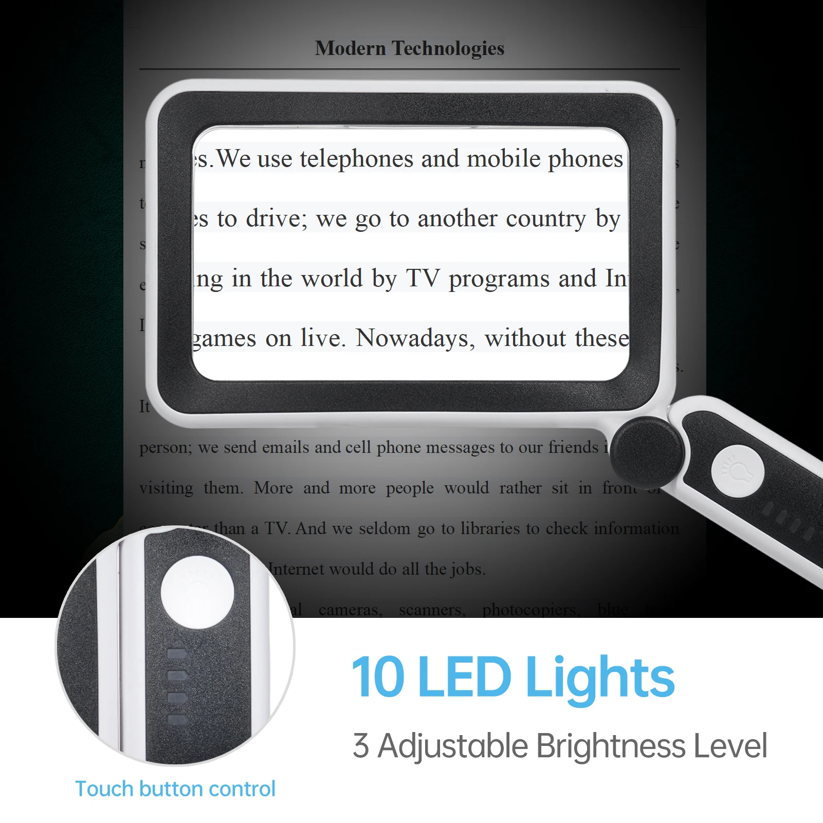 זכוכית מגדלת 4X עם תאורת LED מתכווננת וטעינת USB – תמונה 5