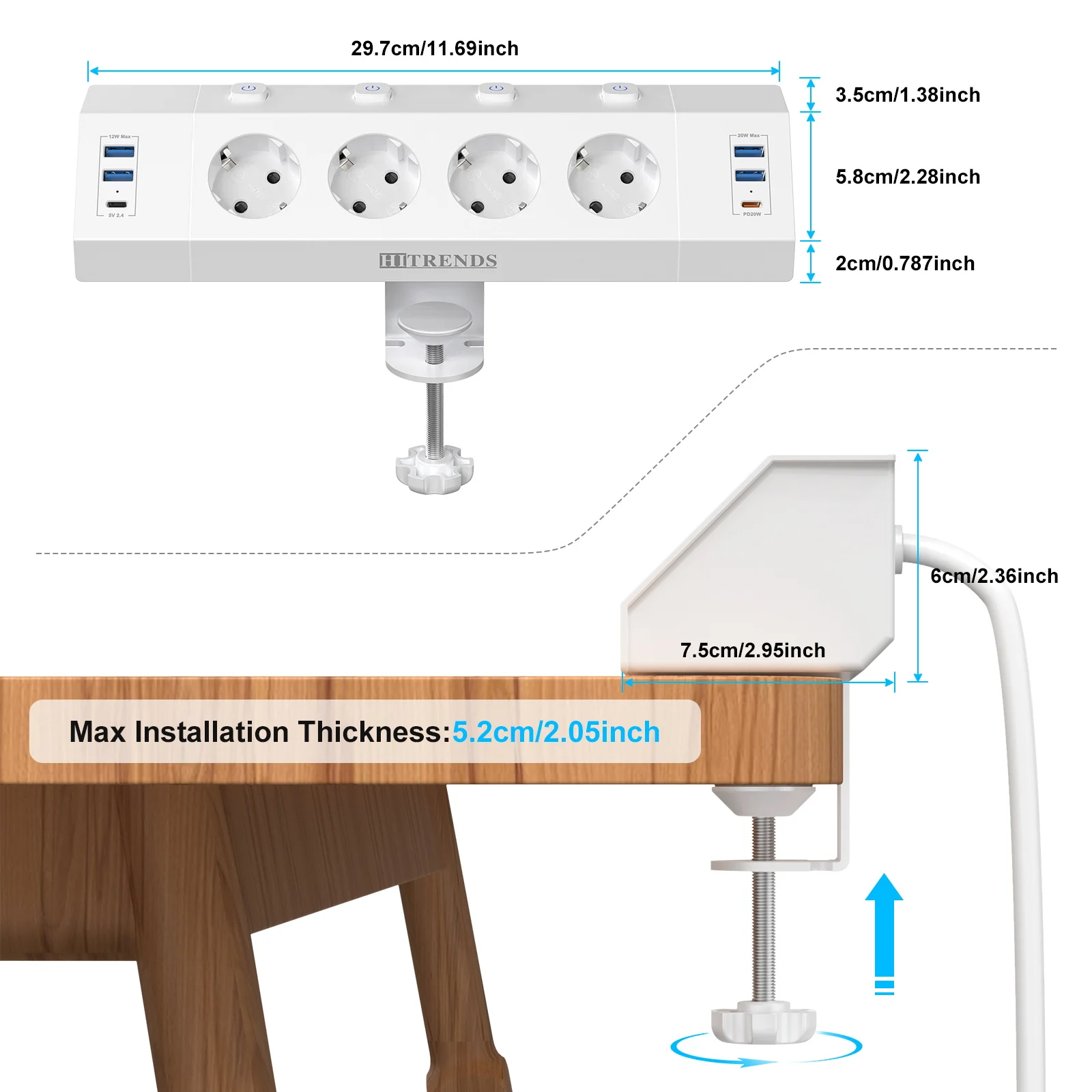 מפצל חשמל לשולחן עם מהדק, 4 USB, 2 USB-C וכבל 2 מטר – תמונה 5