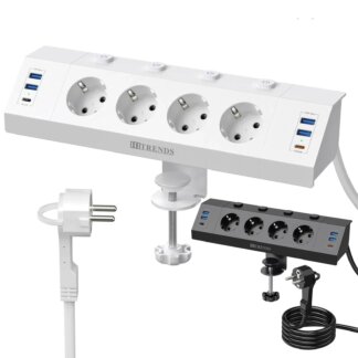 מפצל חשמל לשולחן עם מהדק, 4 USB, 2 USB-C וכבל 2 מטר