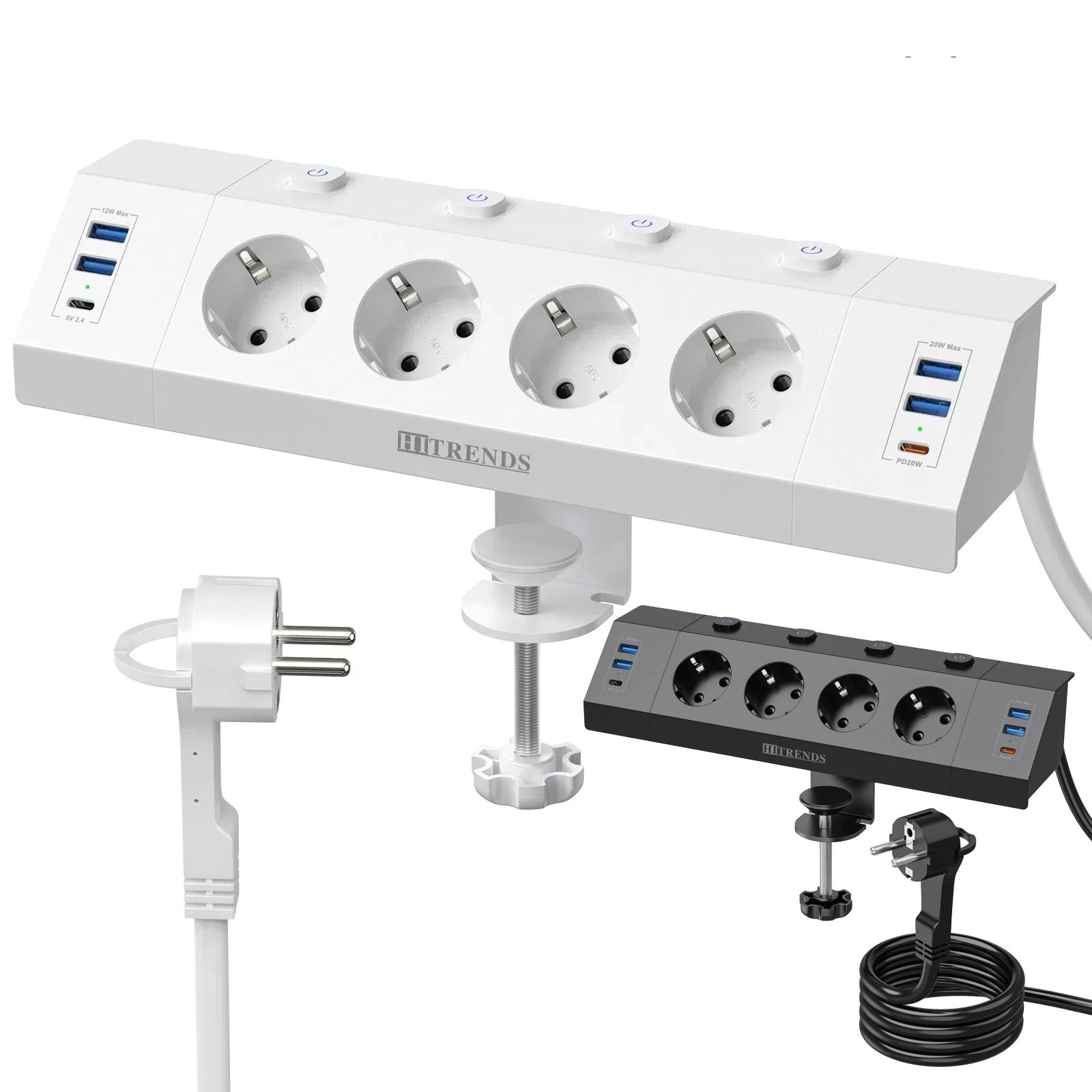 מפצל חשמל לשולחן עם מהדק, 4 USB, 2 USB-C וכבל 2 מטר