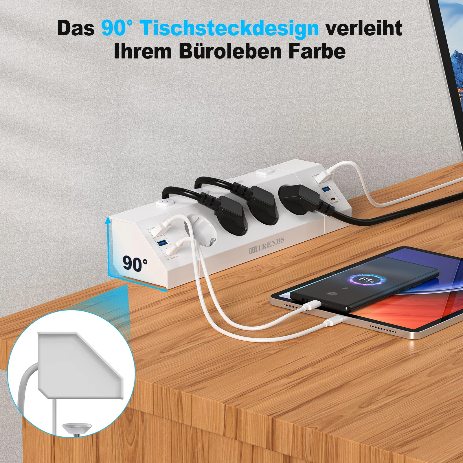 מפצל חשמל לשולחן עם מהדק, 4 USB, 2 USB-C וכבל 2 מטר – תמונה 3