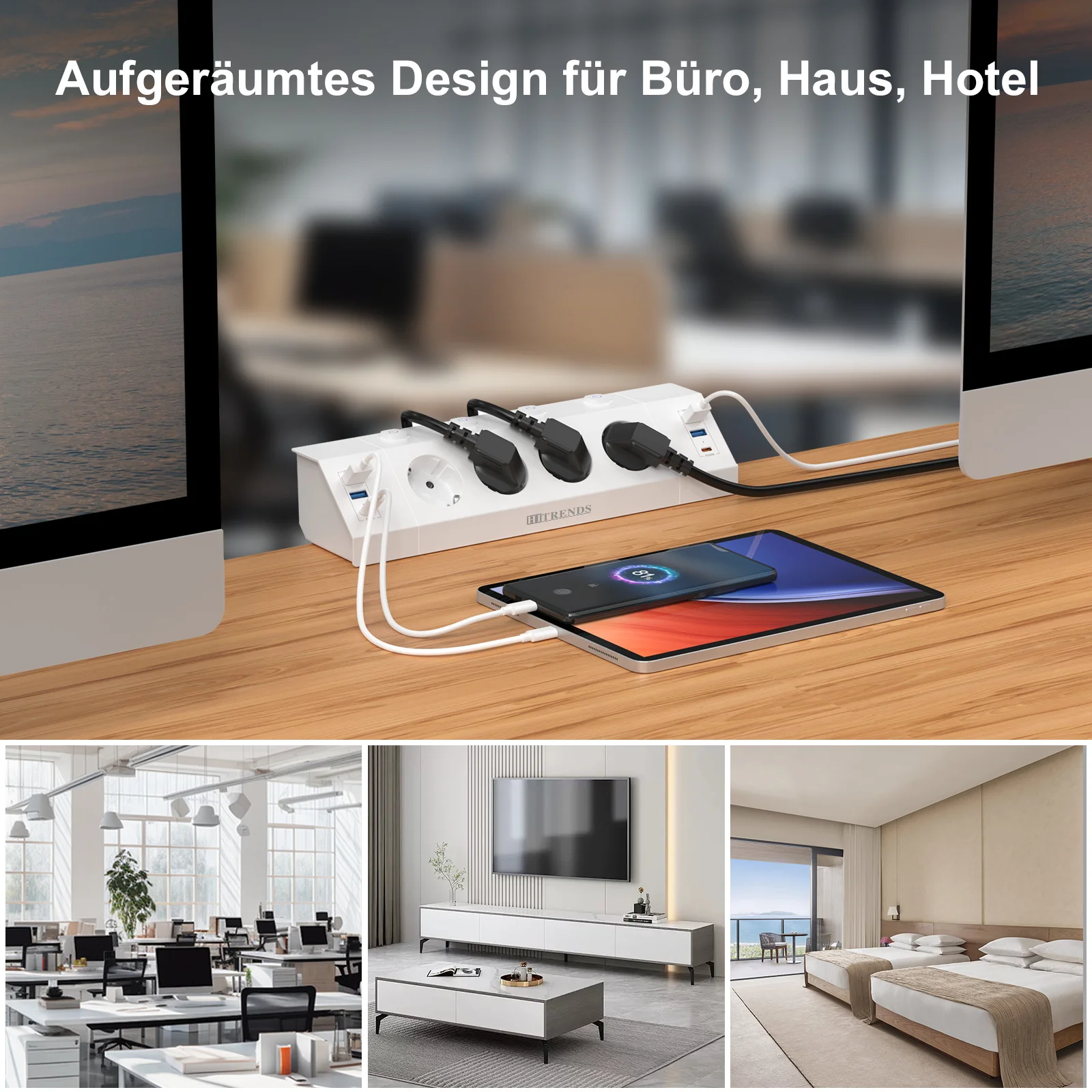 מפצל חשמל לשולחן עם מהדק, 4 USB, 2 USB-C וכבל 2 מטר – תמונה 6