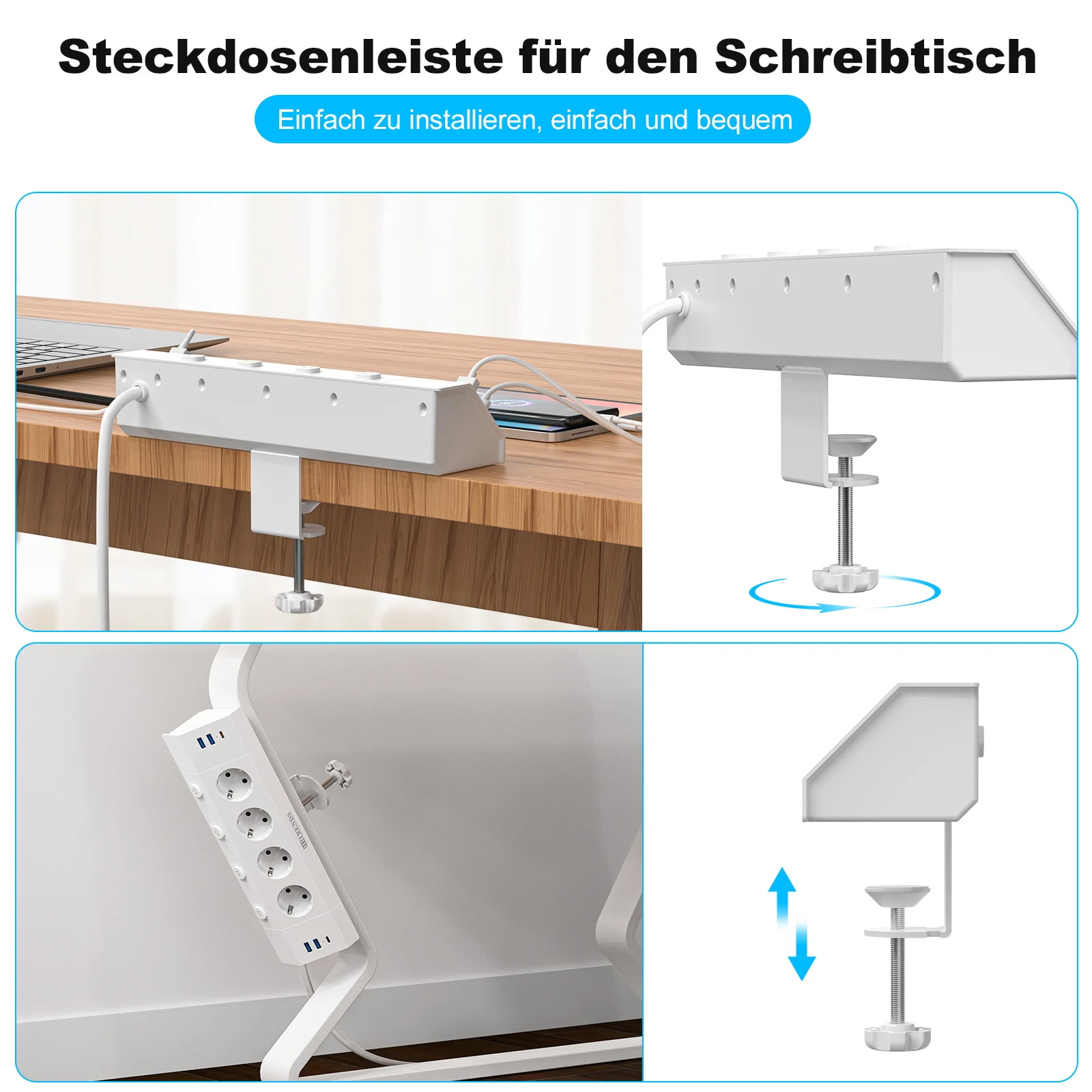 מפצל חשמל לשולחן עם מהדק, 4 USB, 2 USB-C וכבל 2 מטר – תמונה 4