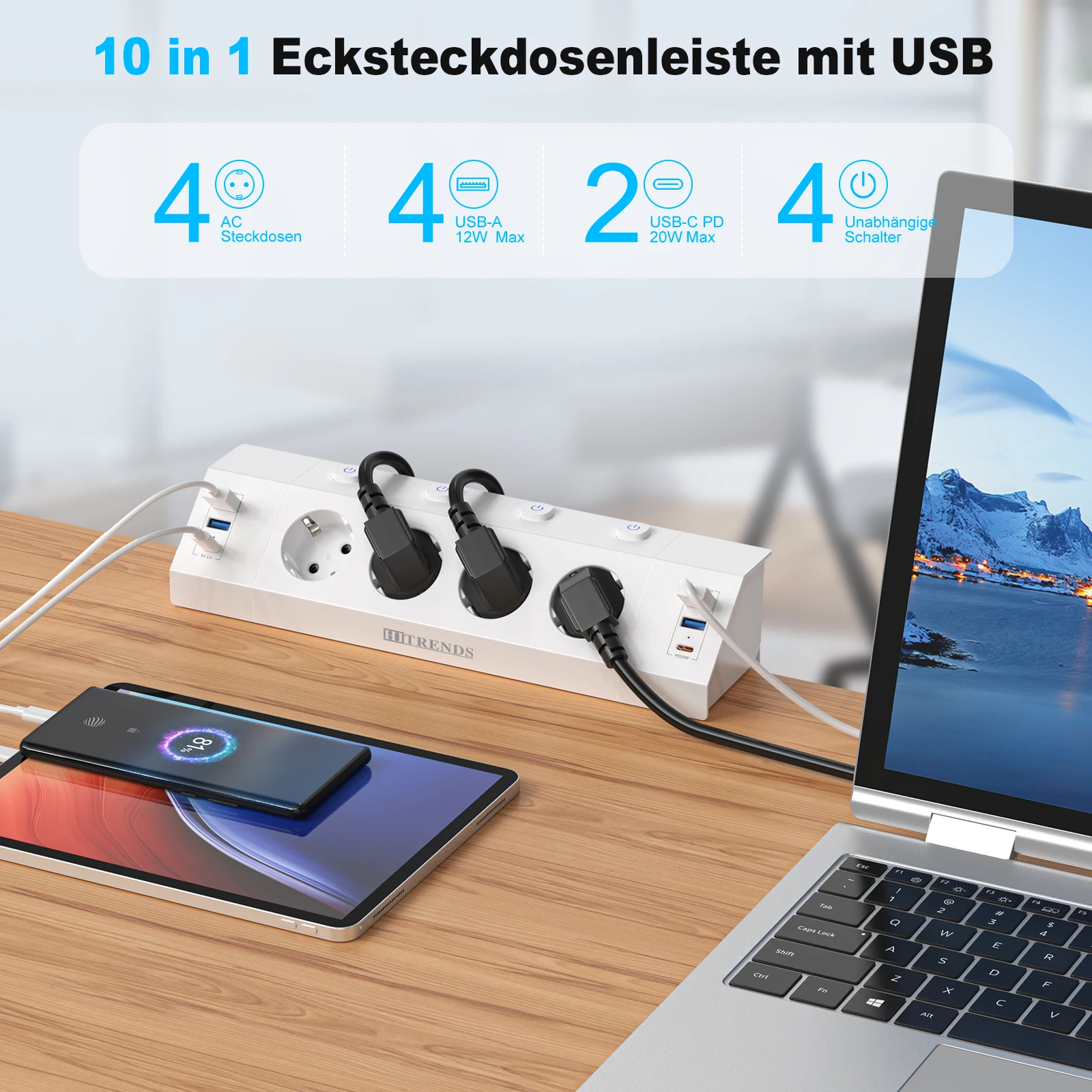 מפצל חשמל לשולחן עם מהדק, 4 USB, 2 USB-C וכבל 2 מטר – תמונה 2