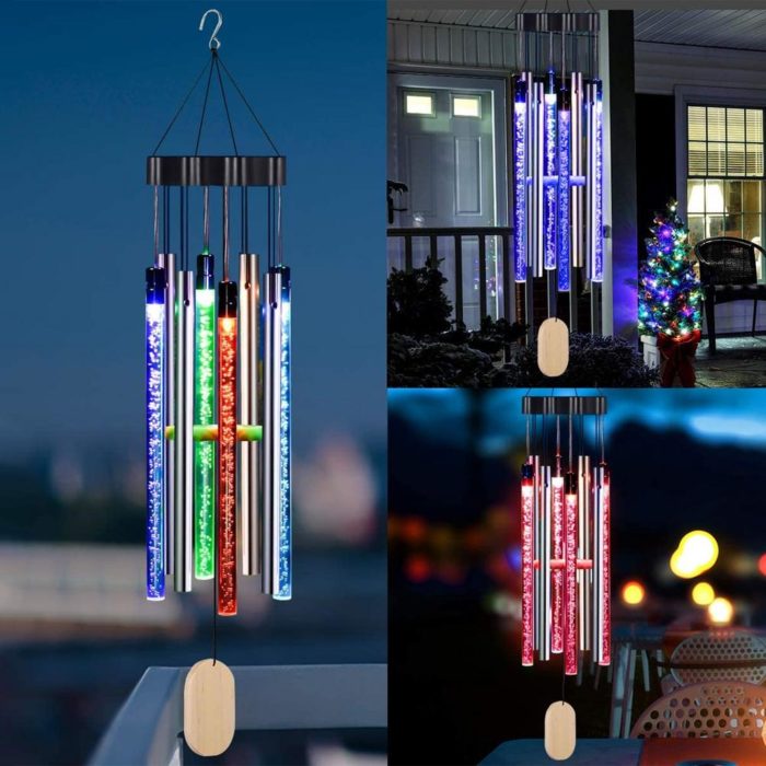 פעמוני רוח סולאריים עם תאורת LED צבעונית לגינה – תמונה 3