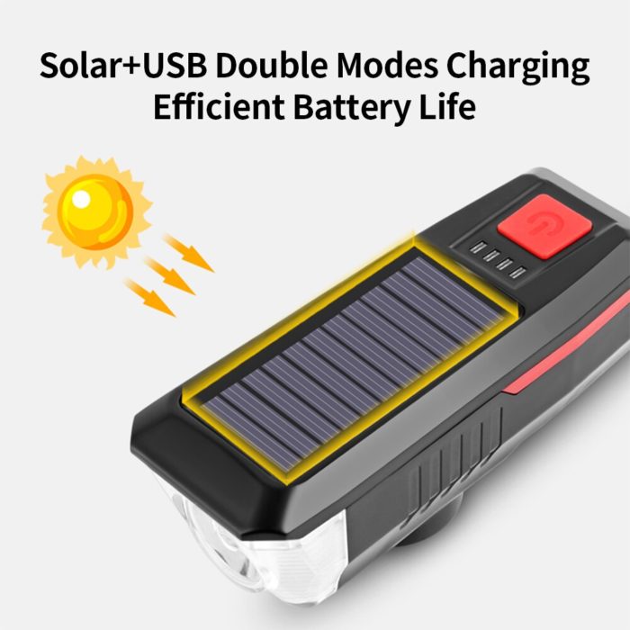 פנס סולארי לאופניים עם צופר 120 דציבל וטעינת USB – תמונה 6