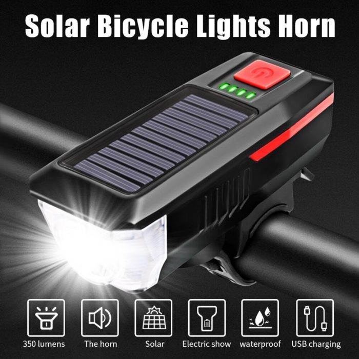 פנס סולארי לאופניים עם צופר 120 דציבל וטעינת USB – תמונה 2