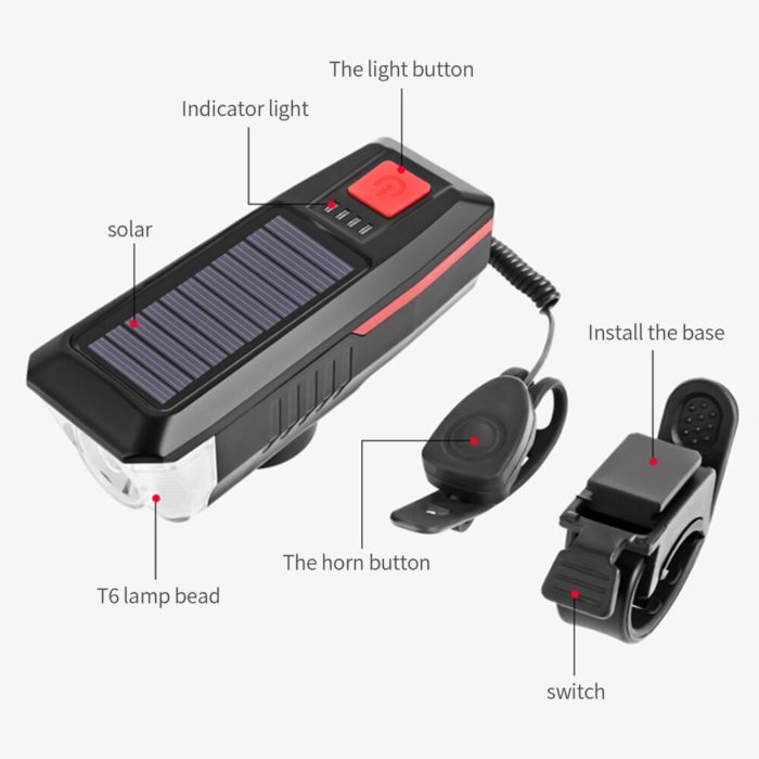 פנס סולארי לאופניים עם צופר 120 דציבל וטעינת USB – תמונה 5