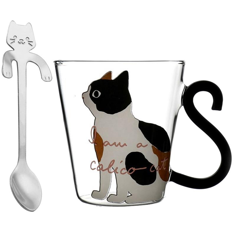 ספל זכוכית חתול עם כפית תואמת - 300 מל