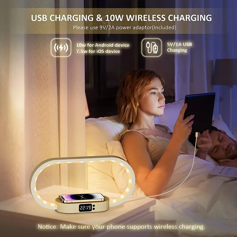 מנורת לילה עם מטען אלחוטי, שעון ויציאת USB מעץ – תמונה 4