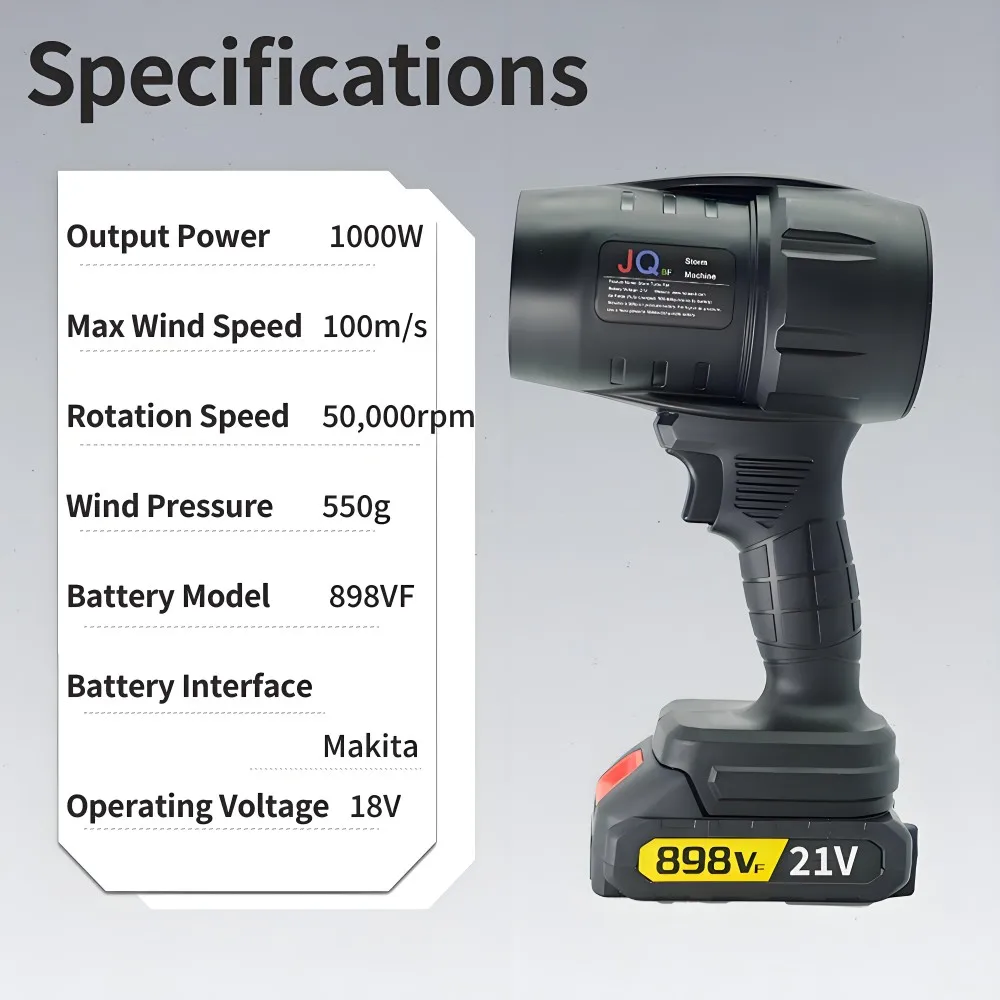 מפוח טורבו אלחוטי 1000W עם סוללה נטענת לניקוי עלים ואבק – תמונה 3