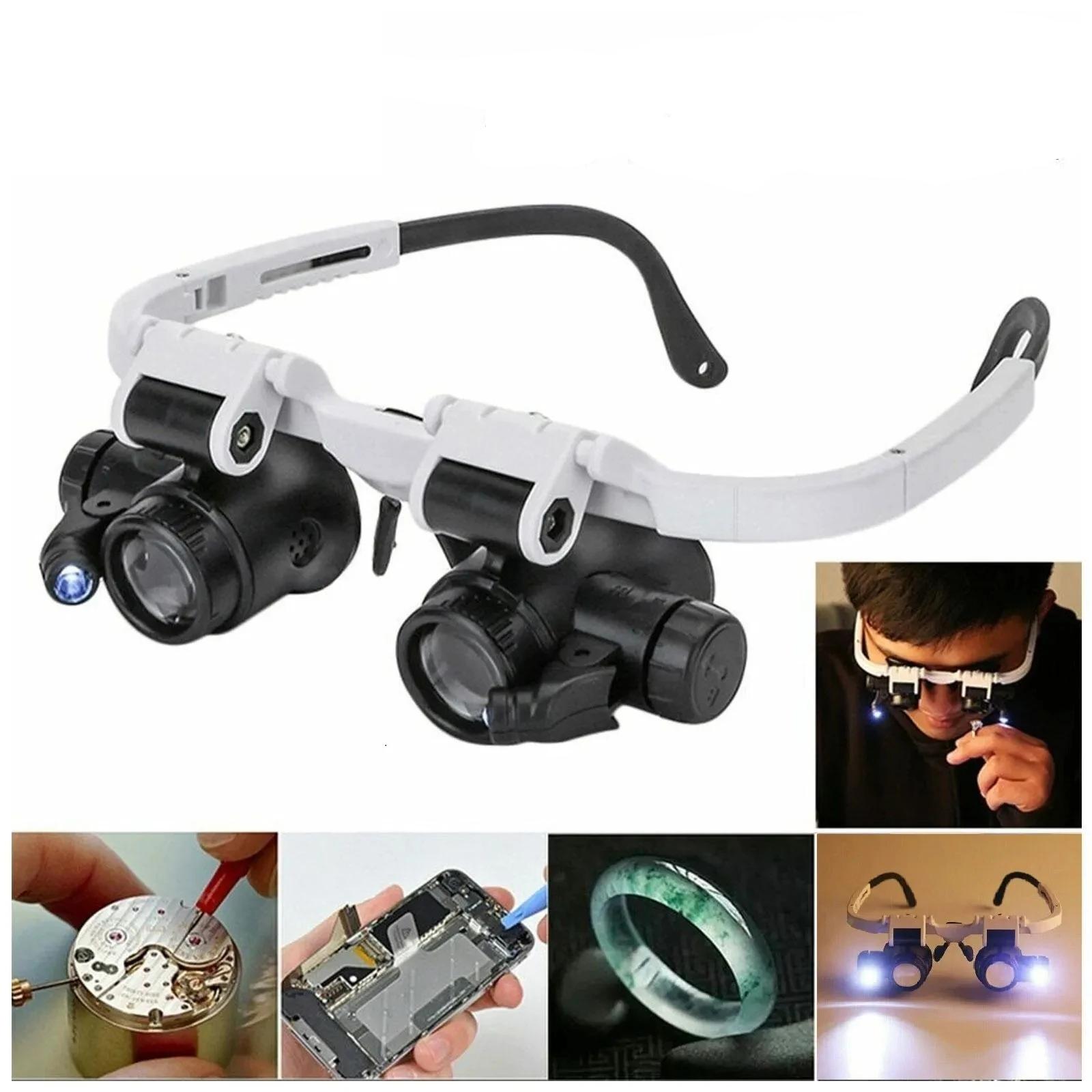 משקפיים זכוכית מגדלת LED עם עדשות מתכווננות לתיקון תכשיטים