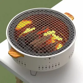 מנגל פחמים נייד עגול מנירוסטה עם רשת נון-סטיק לקמפינג