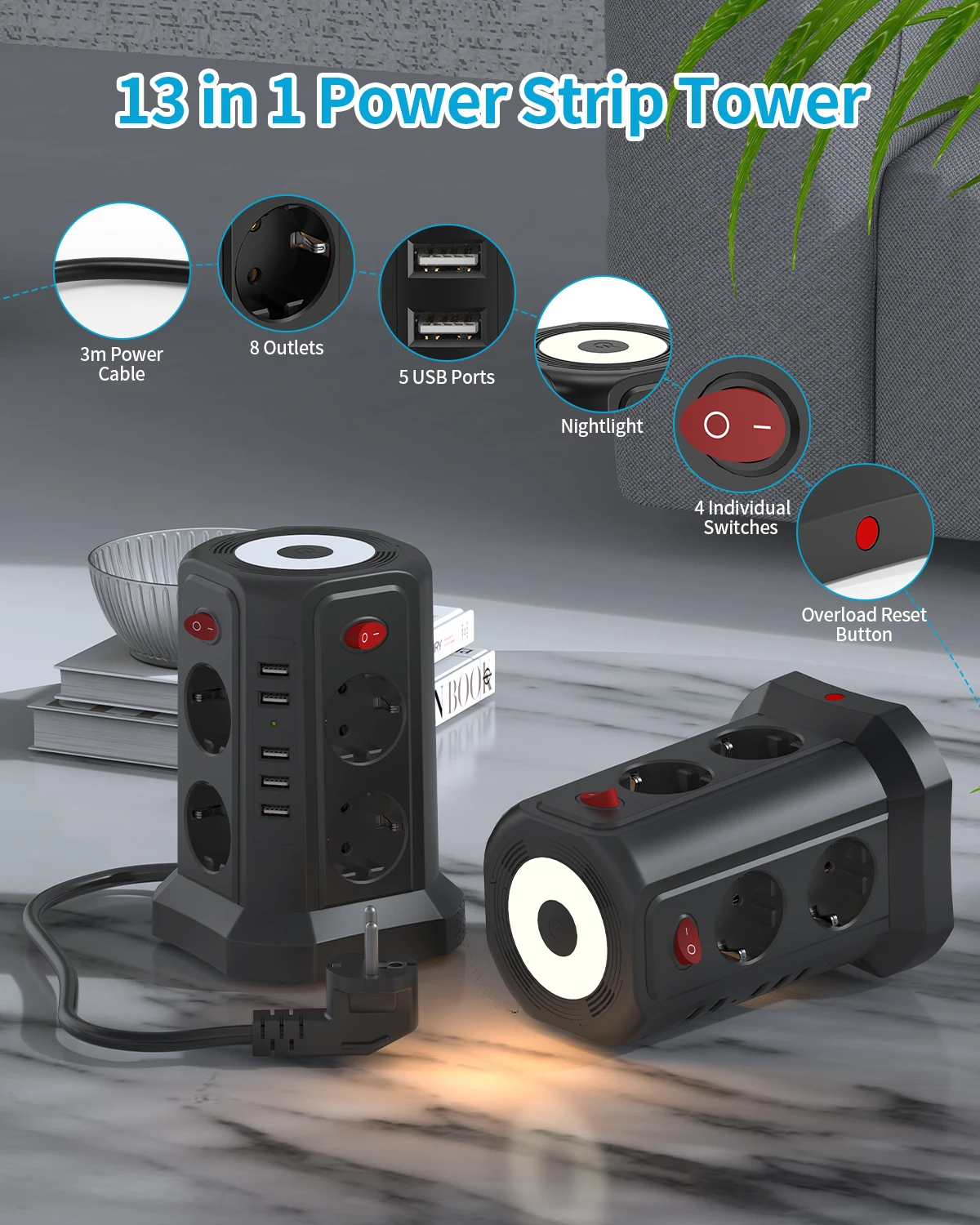מגדל שקעי חשמל עם USB - 8 שקעים, 5 חיבורי USB ומפסקים נפרדים – תמונה 3