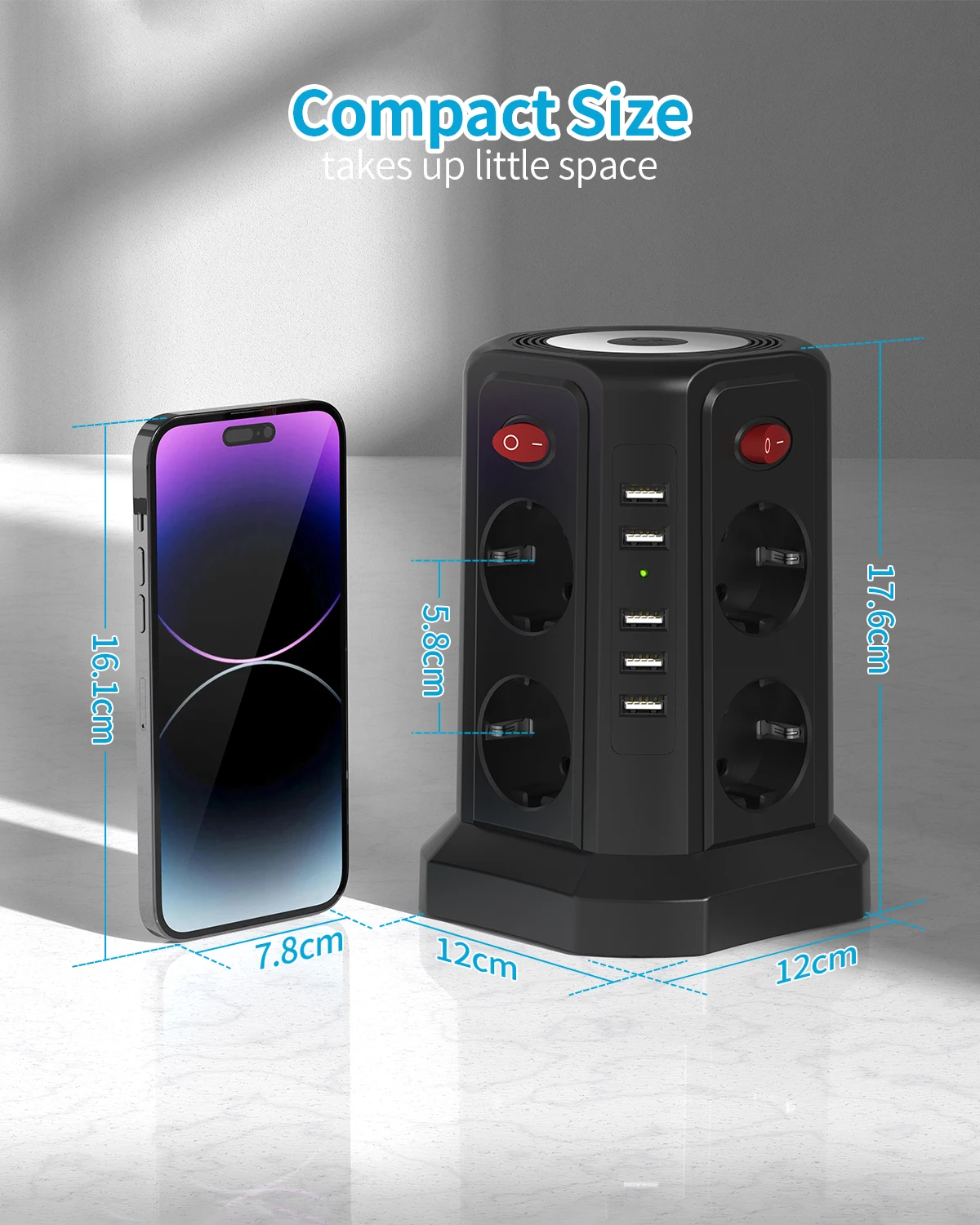 מגדל שקעי חשמל עם USB - 8 שקעים, 5 חיבורי USB ומפסקים נפרדים – תמונה 2