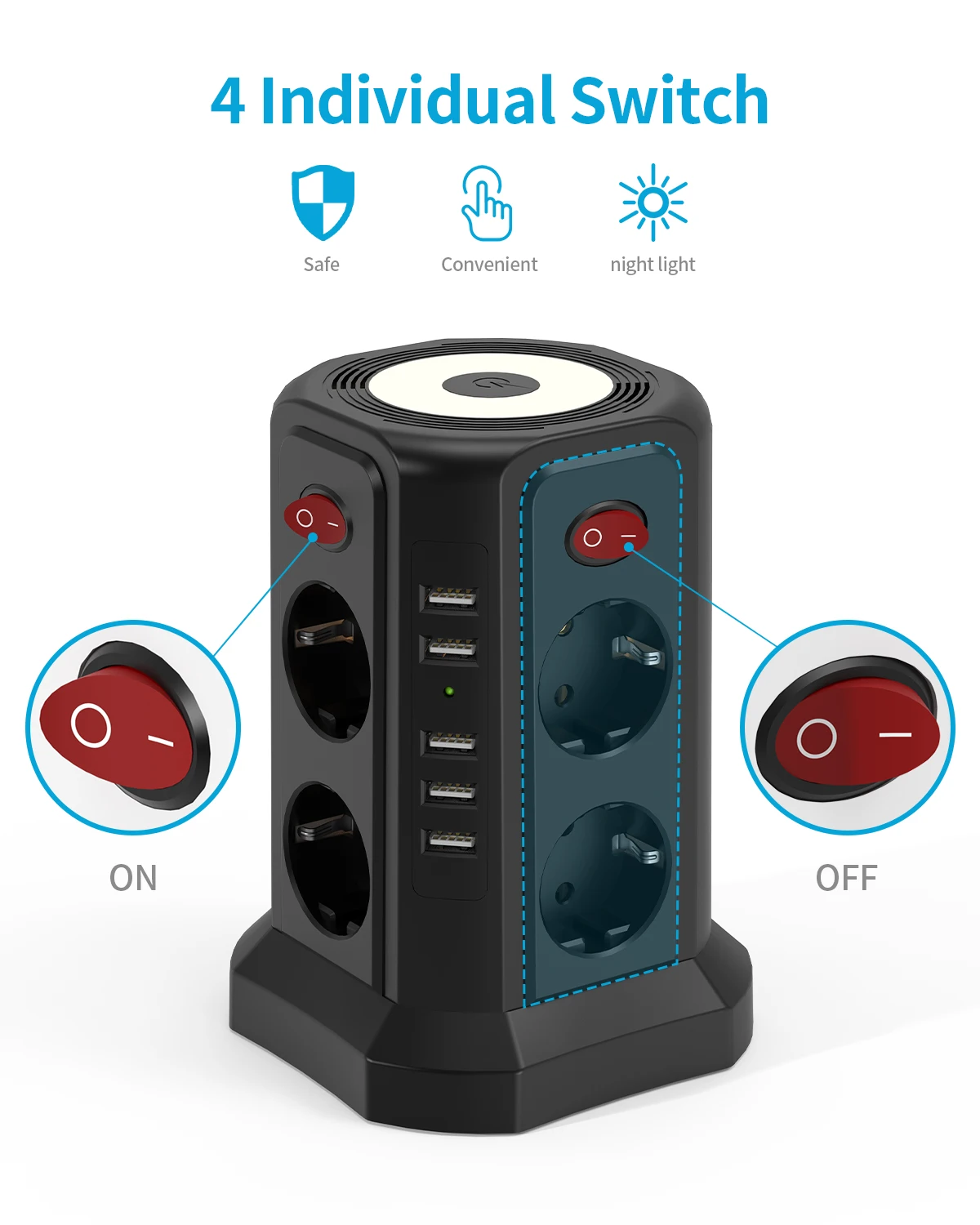 מגדל שקעי חשמל עם USB - 8 שקעים, 5 חיבורי USB ומפסקים נפרדים – תמונה 6