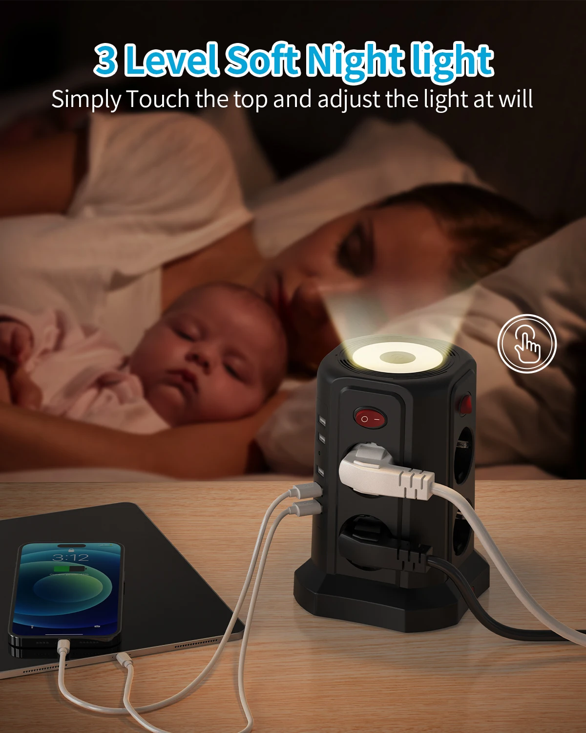 מגדל שקעי חשמל עם USB - 8 שקעים, 5 חיבורי USB ומפסקים נפרדים – תמונה 4