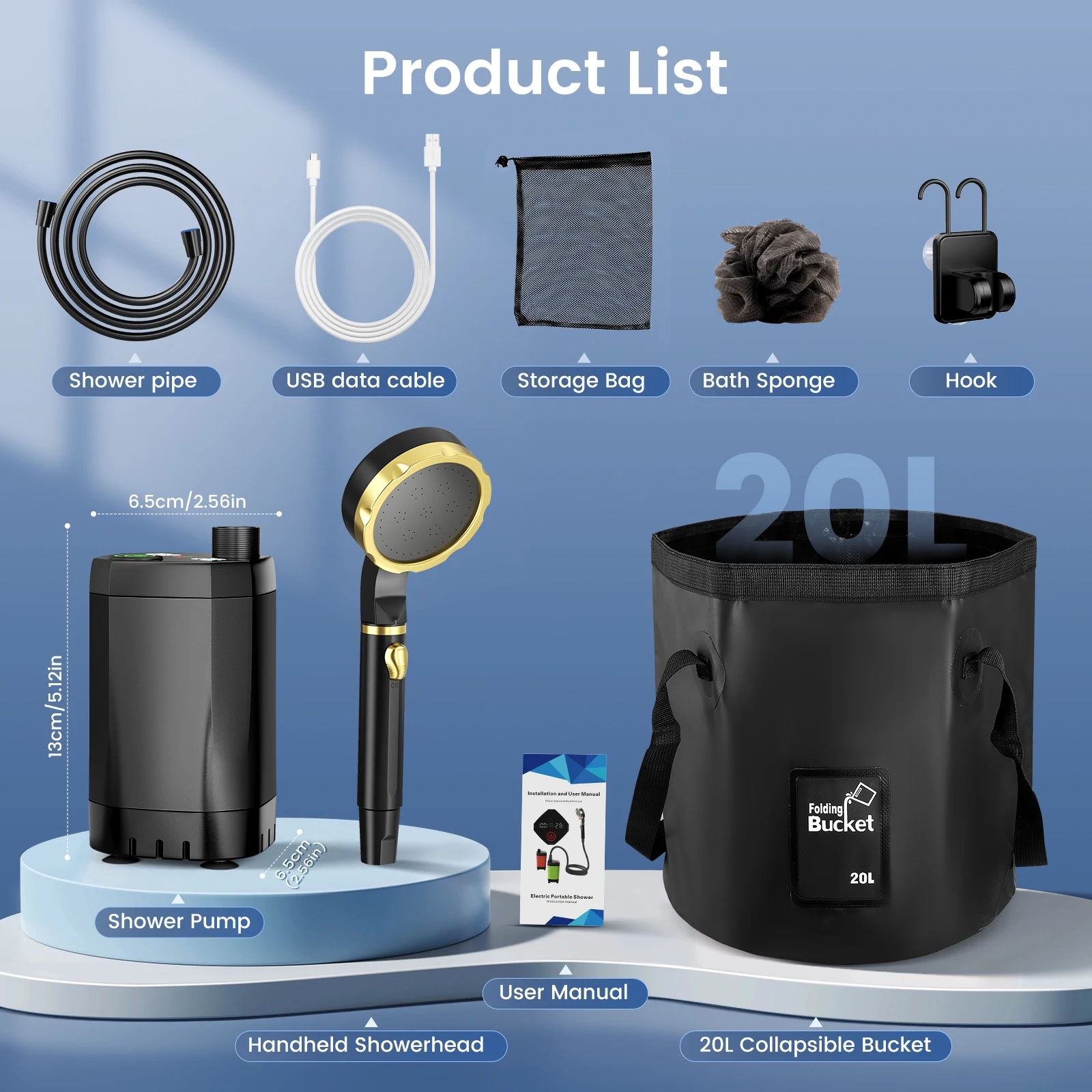 מקלחת קמפינג ניידת 20 ליטר עם משאבה נטענת USB – תמונה 4