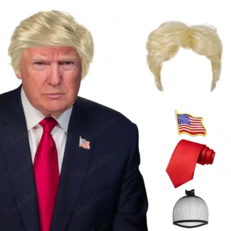תחפושת טראמפ למבוגרים עם פאה, עניבה וסיכת דגל ארהב