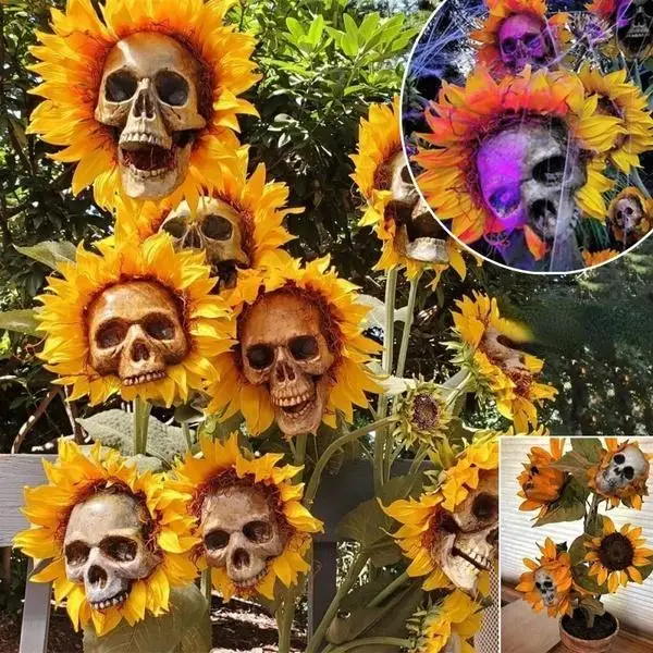 קישוט גולגולת פרחי חמנייה בסגנון גותי לעיצוב הבית – תמונה 2
