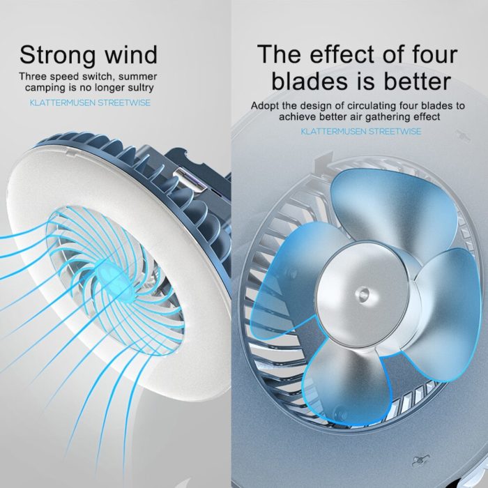 מאוורר נטען לקמפינג עם תאורת LED ומטען לטלפון – תמונה 4